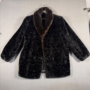 Borgazia Faux Fur Coat Womens 14 Black Borg Textiles Vintage Shawl Collar Jacket